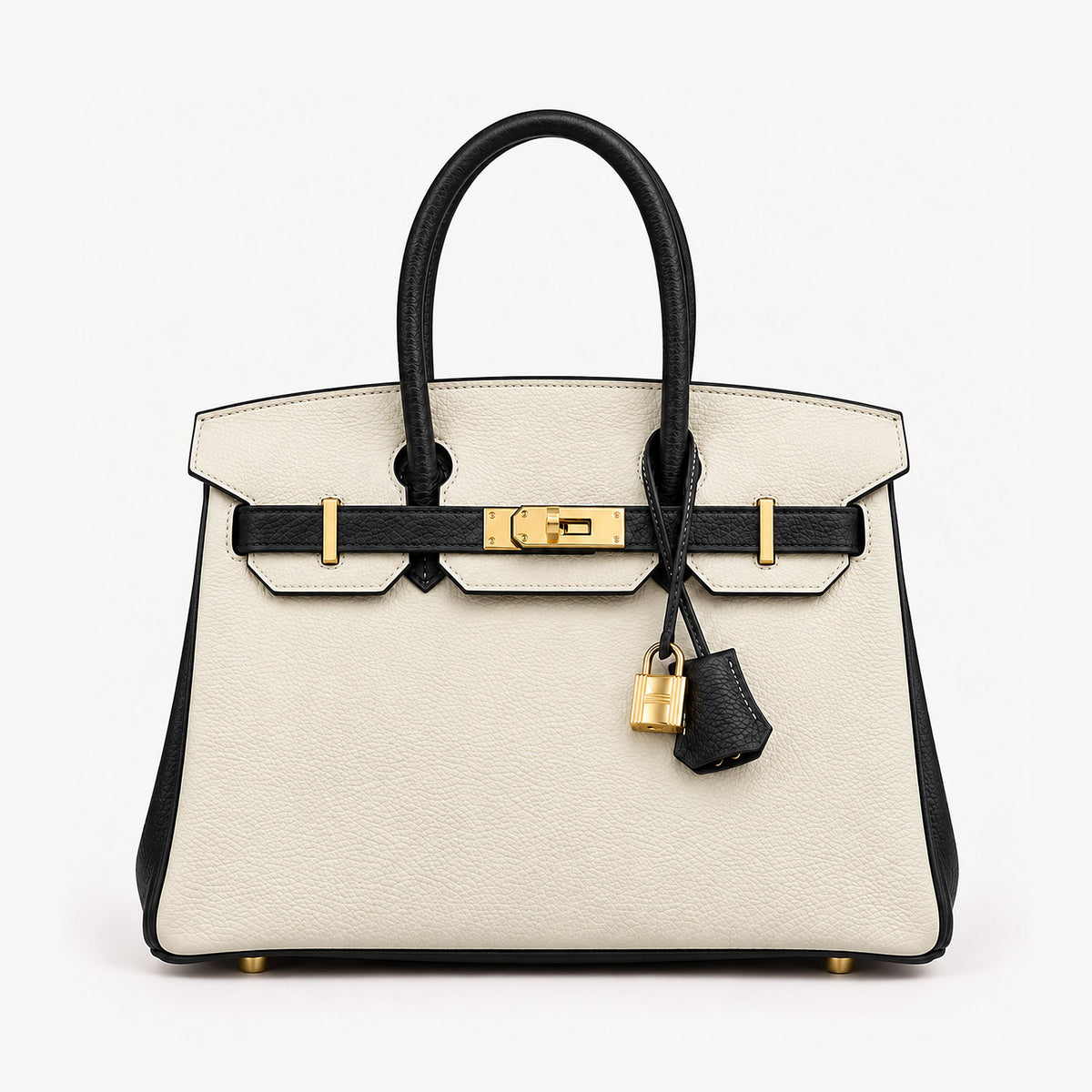 Classic 30 togo leather tote in contrast black and white with gold hardware, front view