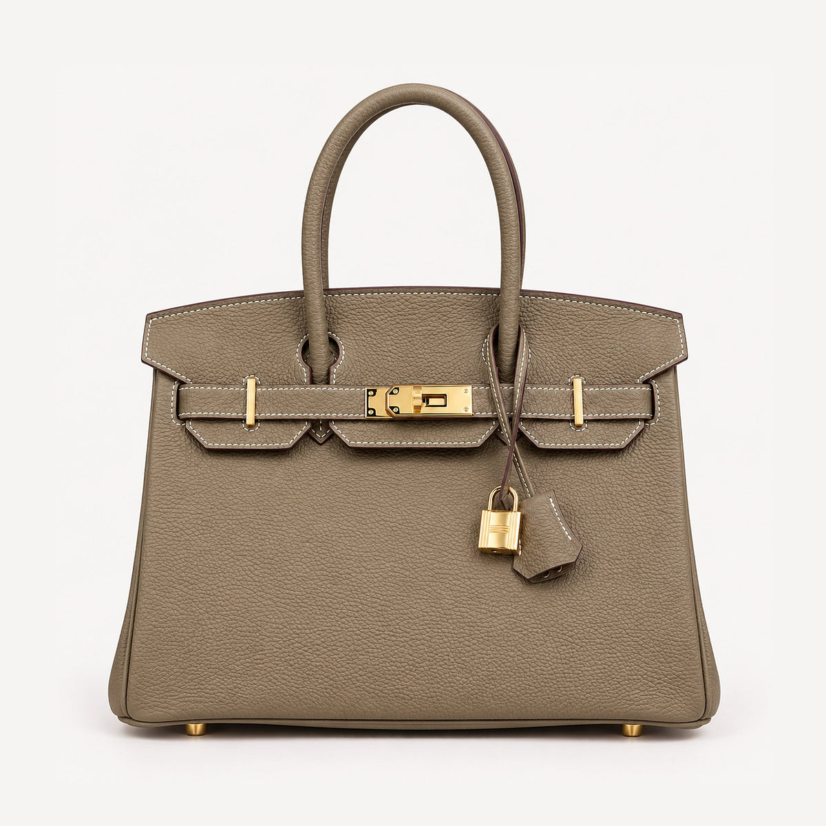 Classic 30 togo leather tote in dark khaki with gold hardware, front view