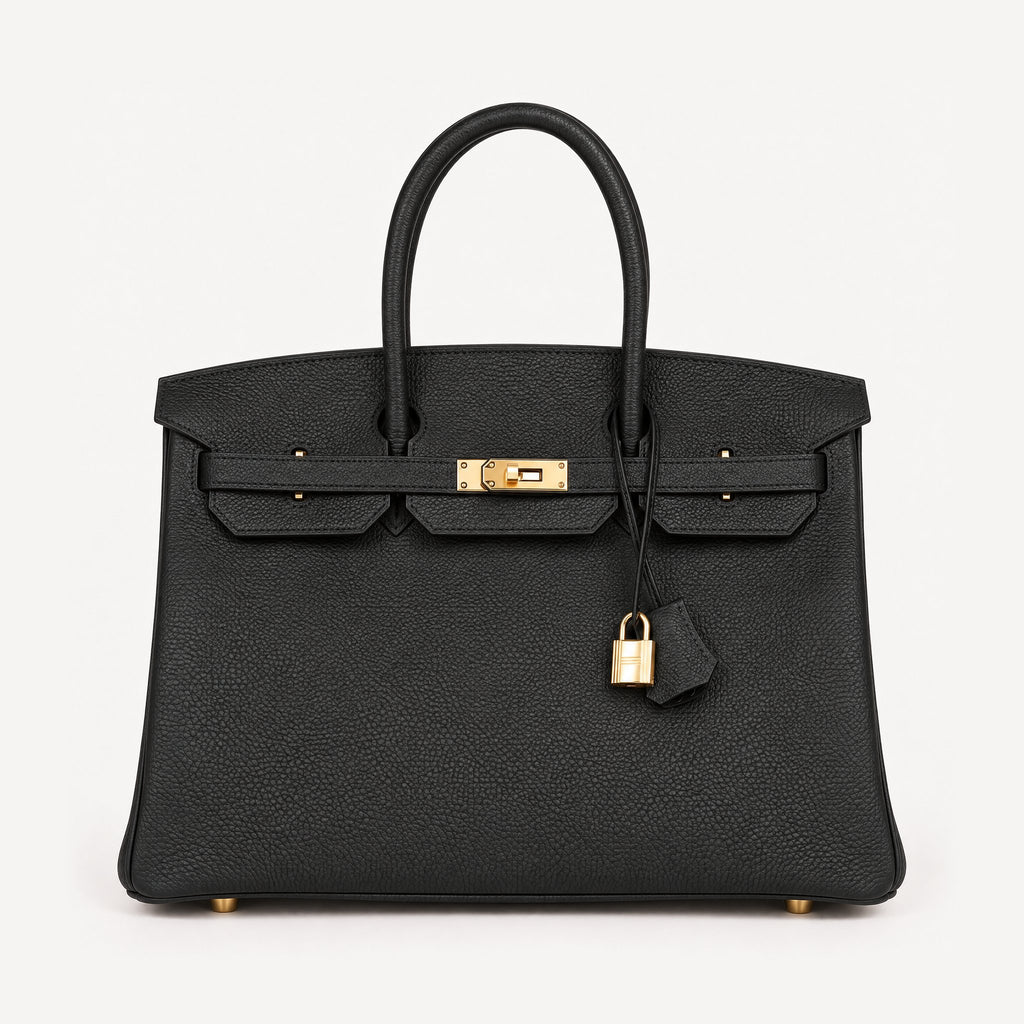 Classic 35 togo leather tote in black with gold hardware, front view