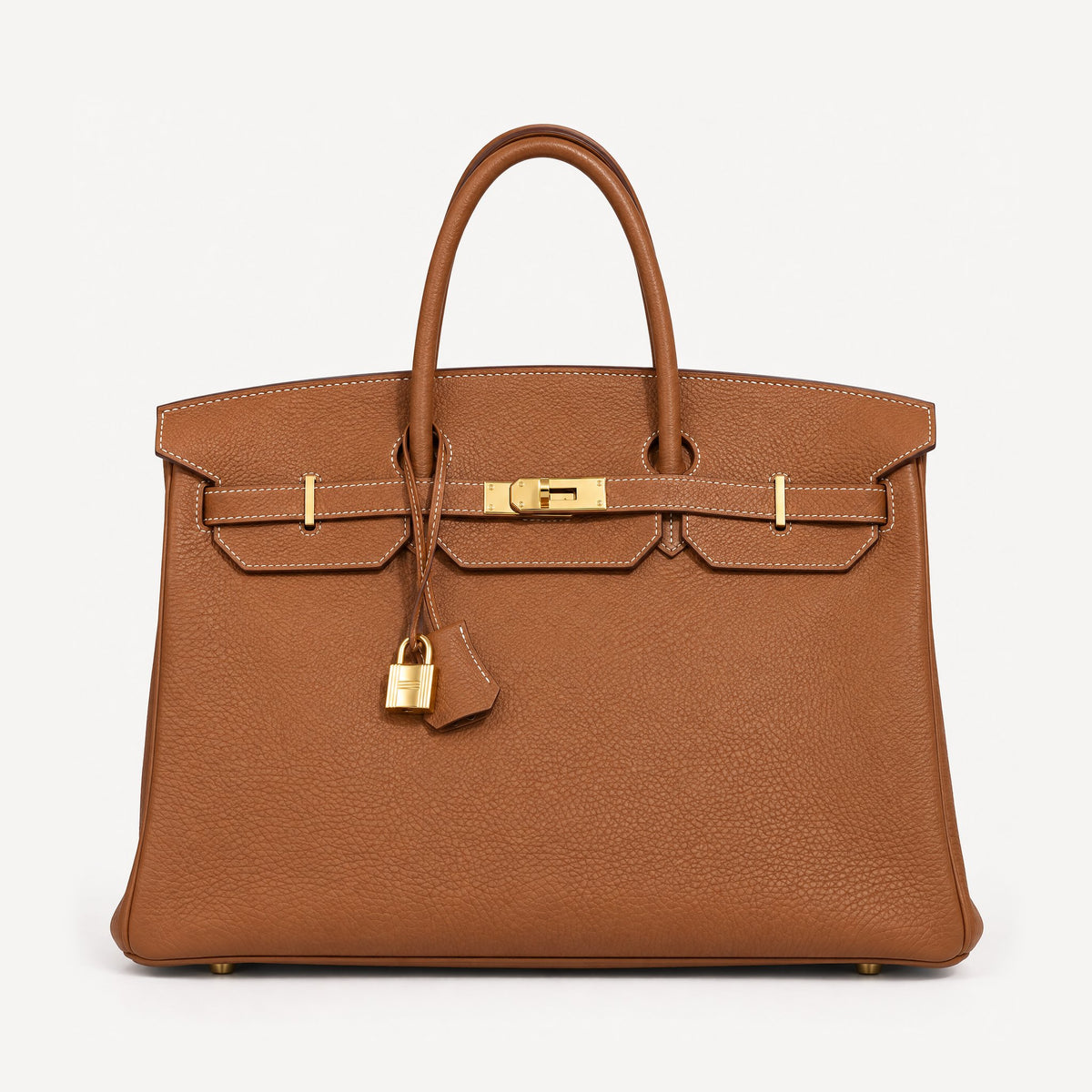 Classic 35 togo leather tote in brown with gold hardware and white contrast stitching, front view