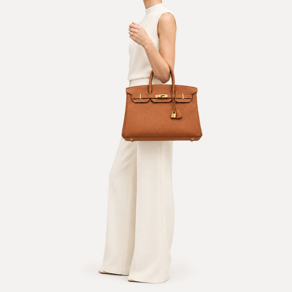 Classic 35 togo leather tote in brown carried on the arm, model shot