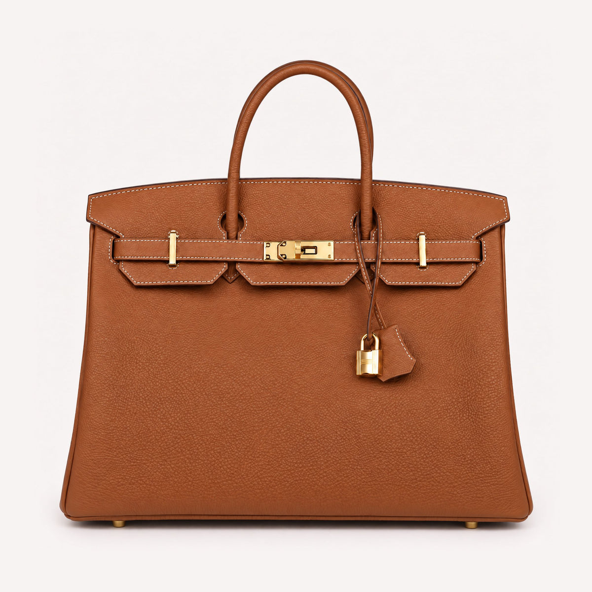 Classic 40 togo leather tote in brown with gold hardware and white contrast stitching, front view