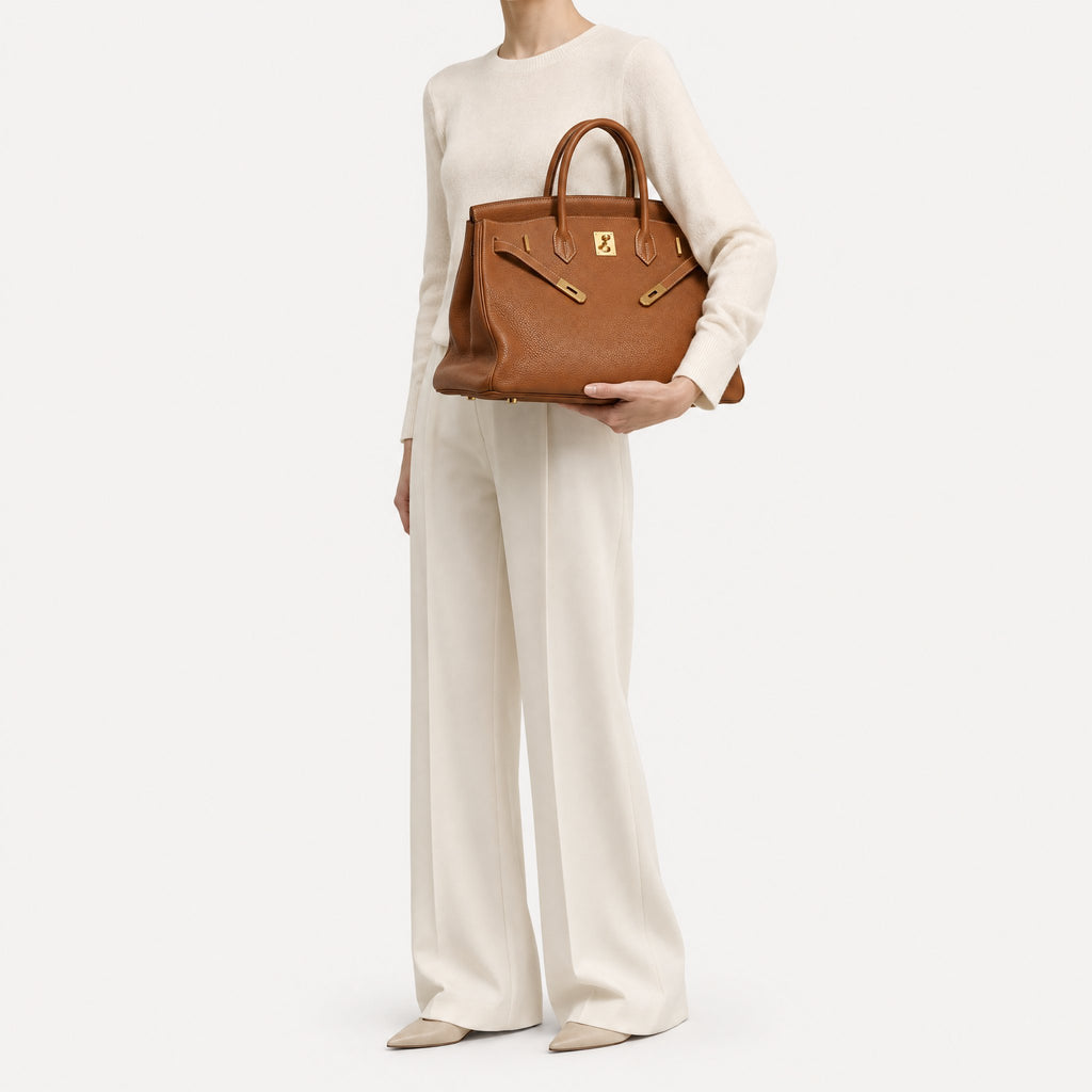 Classic 40 togo leather tote in brown carried under the arm, model shot