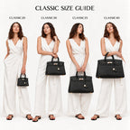Classic togo leather tote size guide: Classic Mini 20, Classic 30, Classic 35 and Classic 40 shown on the same model for scale