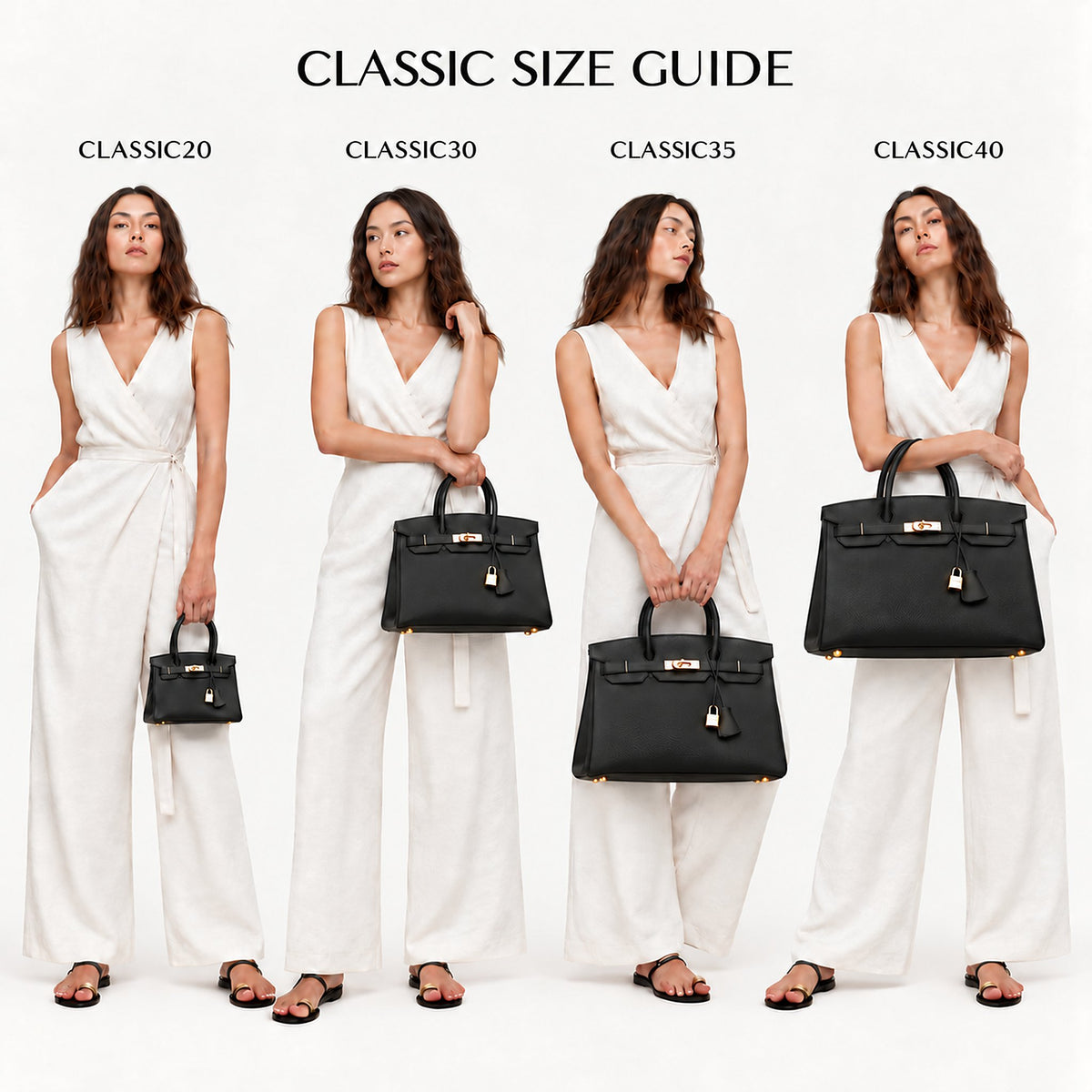 Classic togo leather tote size guide: Classic Mini 20, Classic 30, Classic 35 and Classic 40 shown on the same model for scale