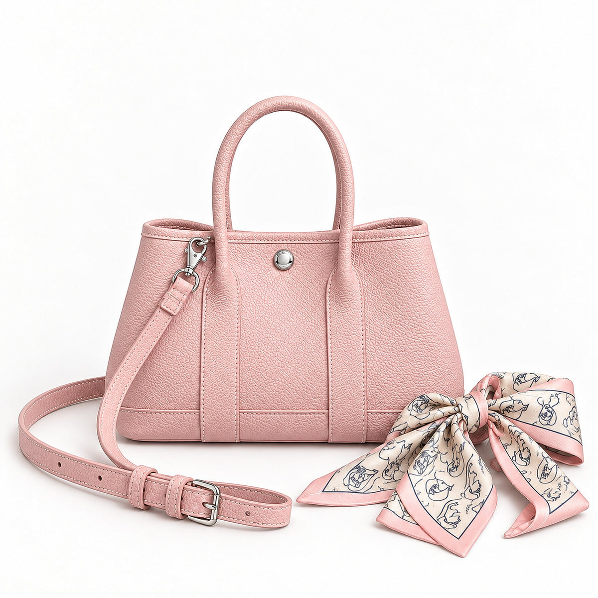 Weekday Tote Mini 23 cm open-top tote in baby pink with a matching shoulder strap and twilly scarf