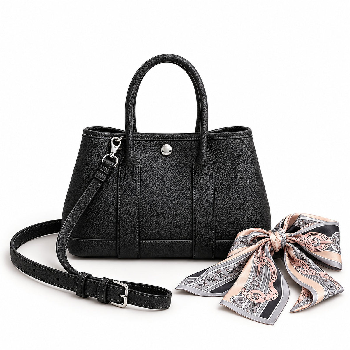 Weekday Tote Mini 23 cm open-top tote in black with a matching shoulder strap and twilly scarf