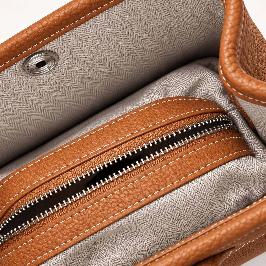 Weekday Tote Mini 23 cm open-top tote in brown, interior view with herringbone lining and zip pocket
