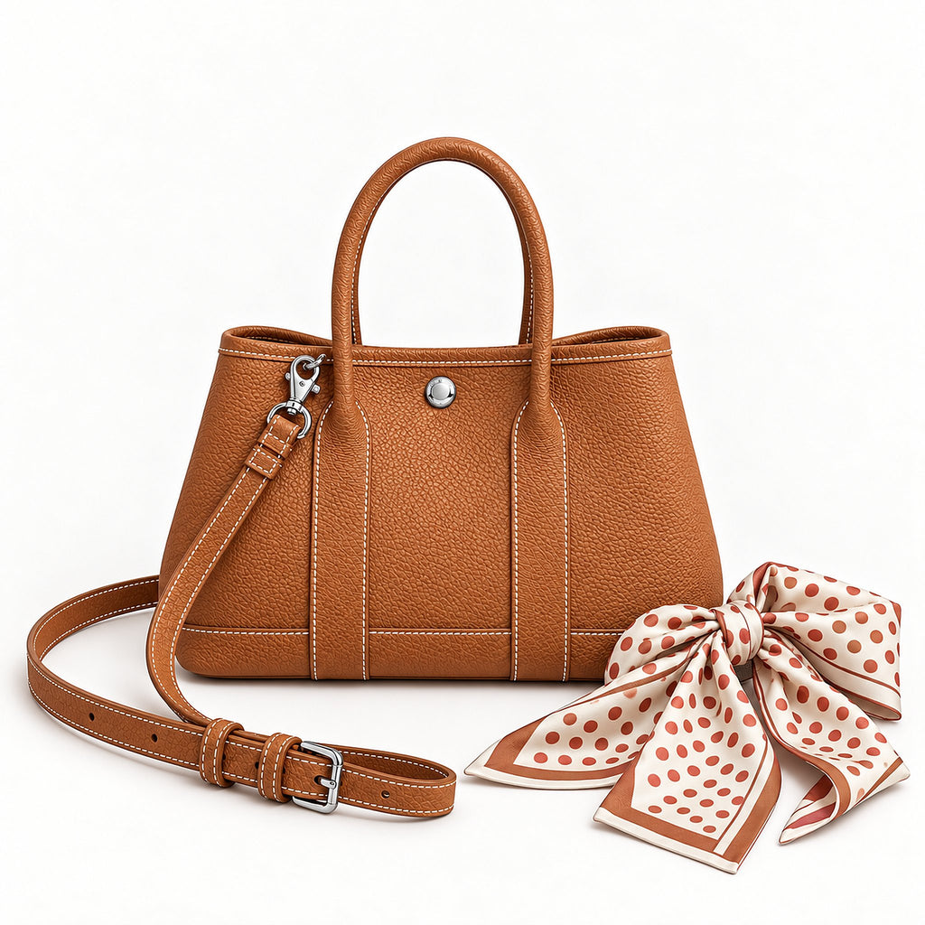 Weekday Tote Mini 23 cm open-top tote in brown with a matching shoulder strap and twilly scarf