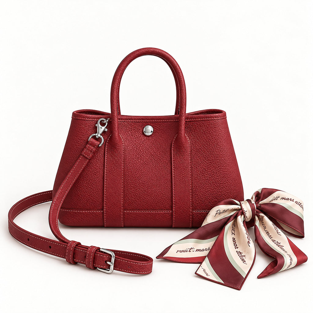 Weekday Tote Mini 23 cm open-top tote in burgundy with a matching shoulder strap and twilly scarf