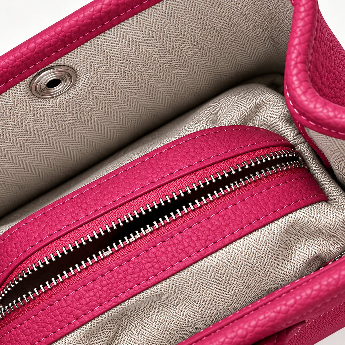 Weekday Tote Mini 23 cm open-top tote in hot pink, interior view with herringbone lining and zip pocket