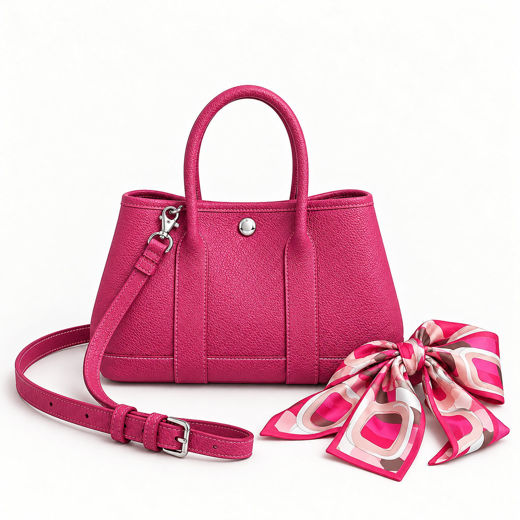 Weekday Tote Mini 23 cm open-top tote in hot pink with a matching shoulder strap and twilly scarf
