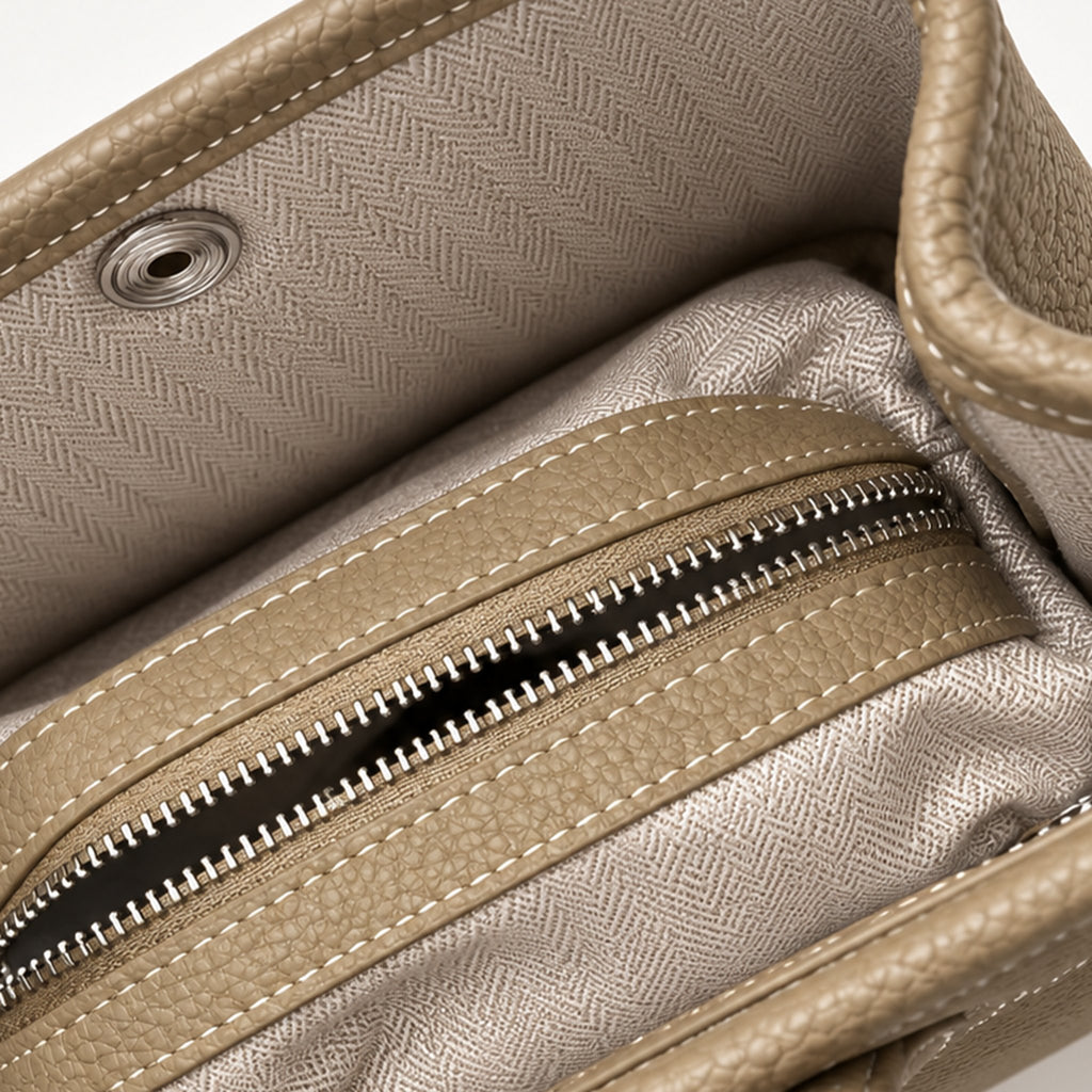 Weekday Tote Mini 23 cm open-top tote in khaki, interior view with herringbone lining and zip pocket
