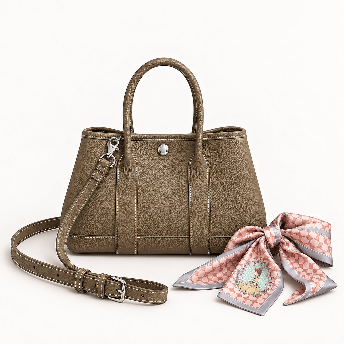 Weekday Tote Mini 23 cm open-top tote in khaki with a matching shoulder strap and twilly scarf