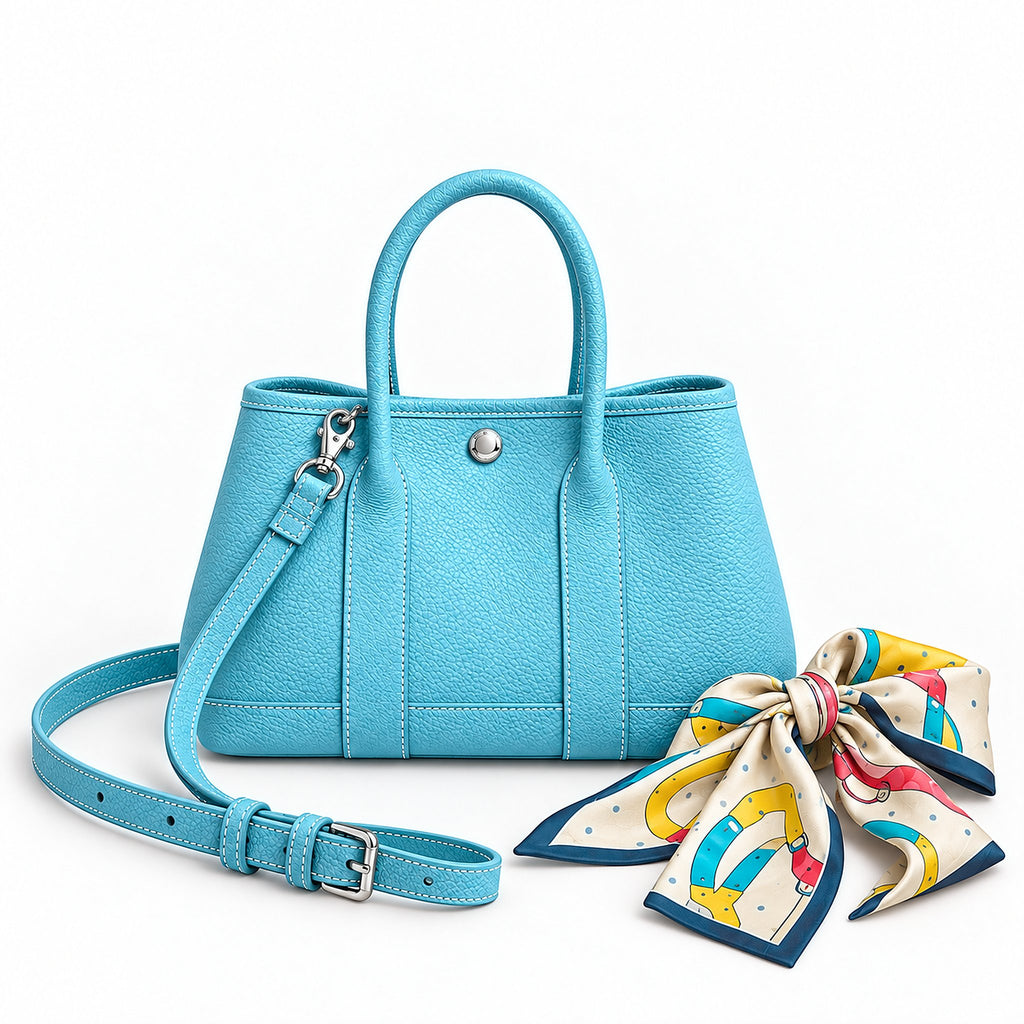 Weekday Tote Mini 23 cm open-top tote in sky blue with a matching shoulder strap and twilly scarf