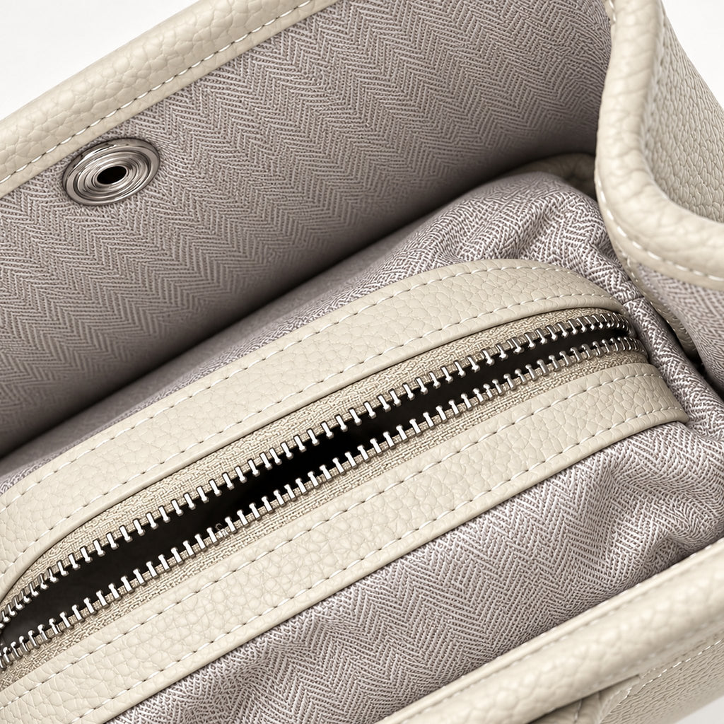 Weekday Tote Mini 23 cm open-top tote in white, interior view with herringbone lining and zip pocket