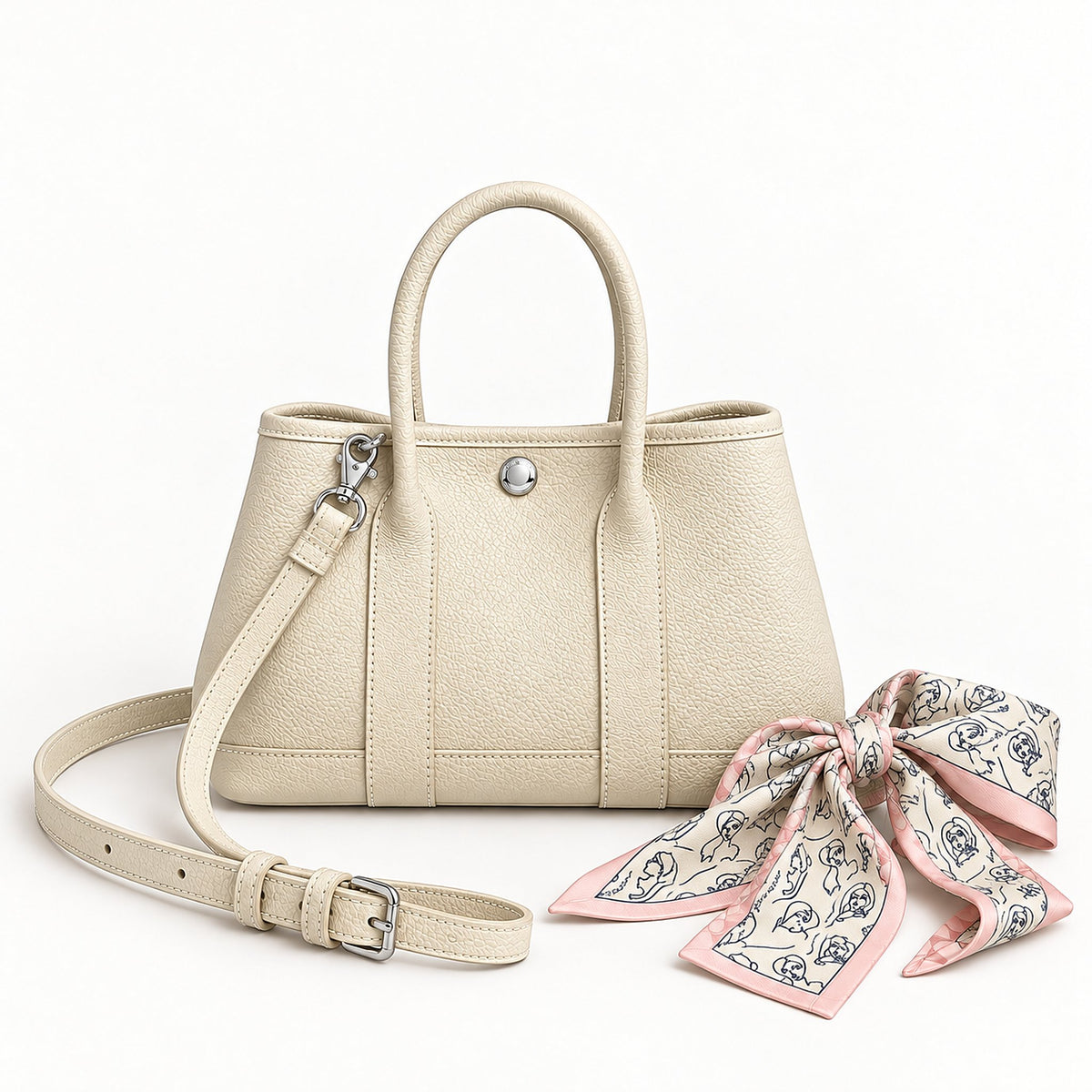 Weekday Tote Mini 23 cm open-top tote in white with a matching shoulder strap and twilly scarf