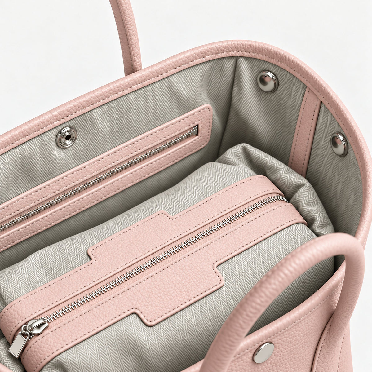 Weekday Tote Medium 30 cm open-top tote in baby pink, interior view with canvas lining and zip pocket