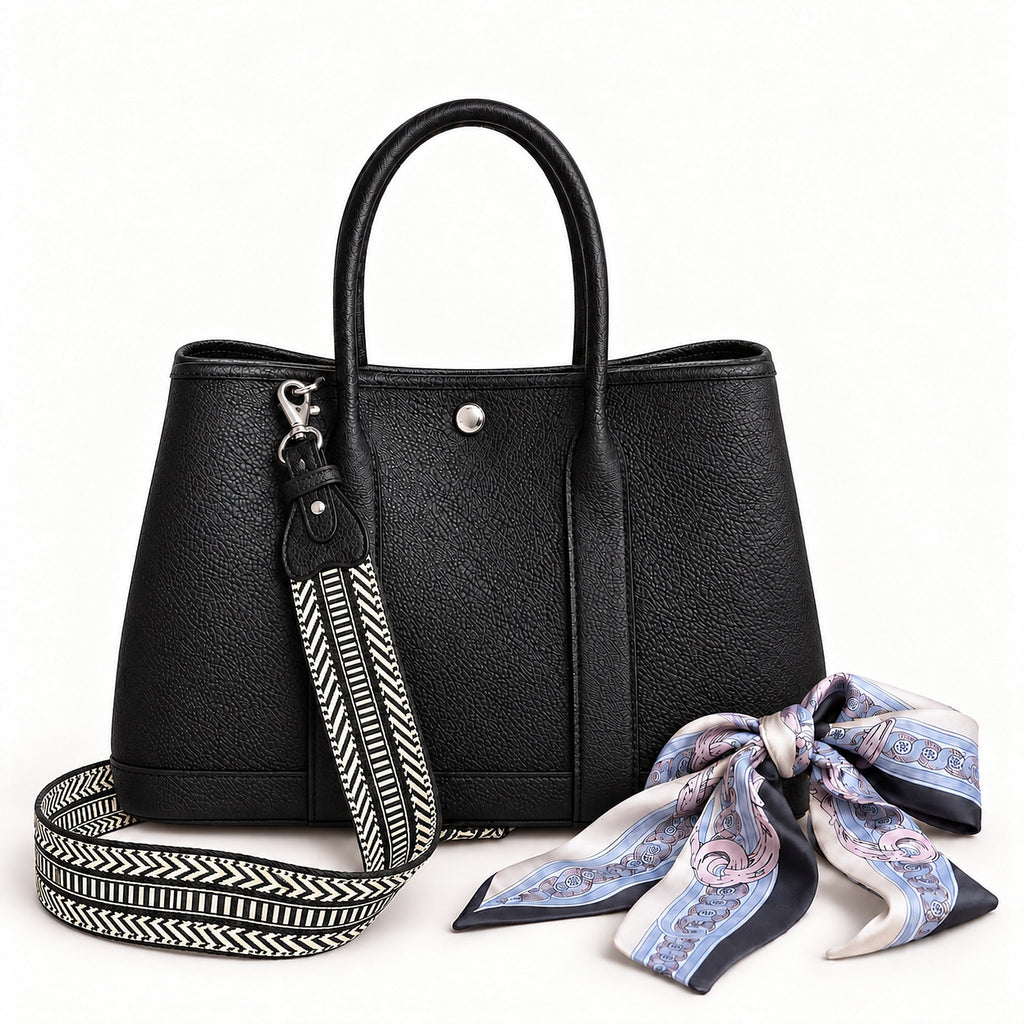 Weekday Tote Medium 30 cm open-top tote in black with the included woven shoulder strap and twilly scarf