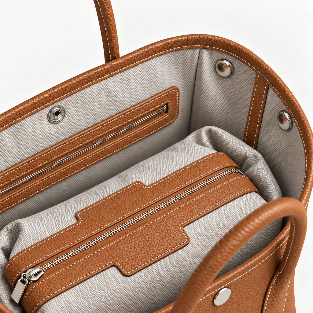 Weekday Tote Medium 30 cm open-top tote in brown, interior view with canvas lining and zip pocket