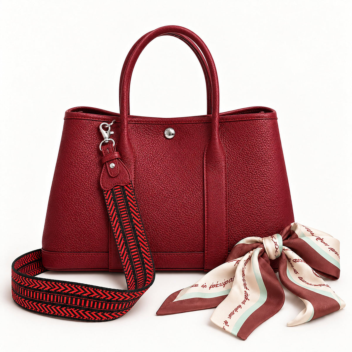 Weekday Tote Medium 30 cm open-top tote in burgundy with the included woven shoulder strap and twilly scarf