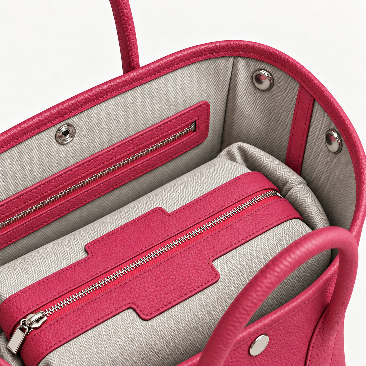 Weekday Tote Medium 30 cm open-top tote in hot pink, interior view with canvas lining and zip pocket