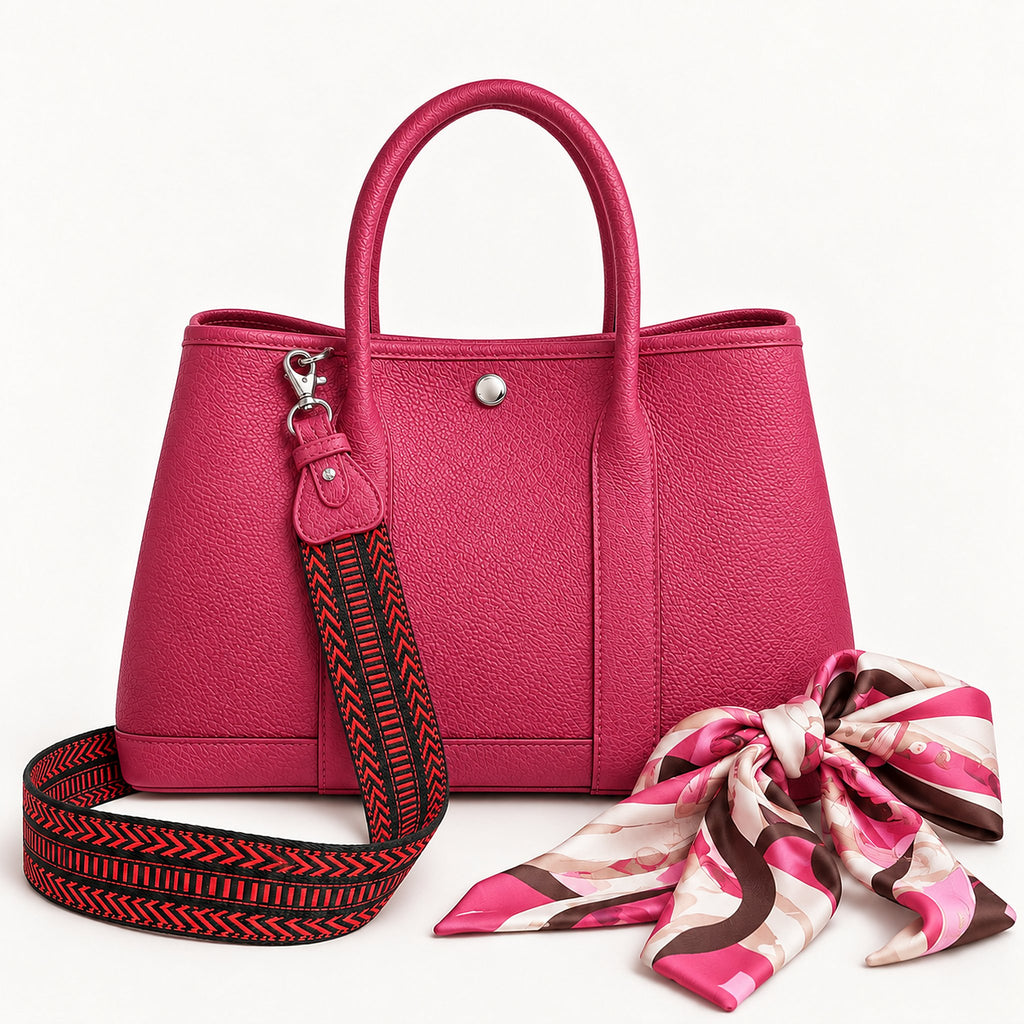 Weekday Tote Medium 30 cm open-top tote in hot pink with the included woven shoulder strap and twilly scarf