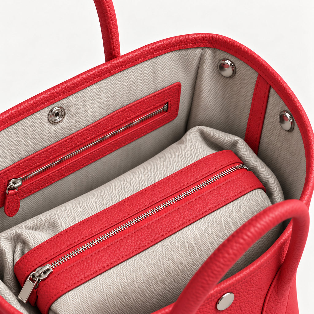 Weekday Tote Medium 30 cm open-top tote in red, interior view with canvas lining and zip pocket