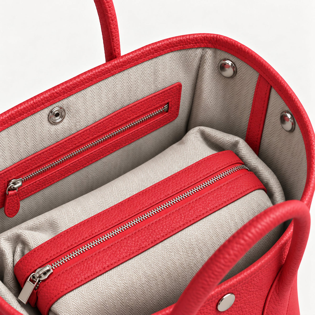 Weekday Tote Medium 30 cm open-top tote in red, interior view with canvas lining and zip pocket