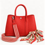Weekday Tote Medium 30 cm open-top tote in red with the included woven shoulder strap and twilly scarf