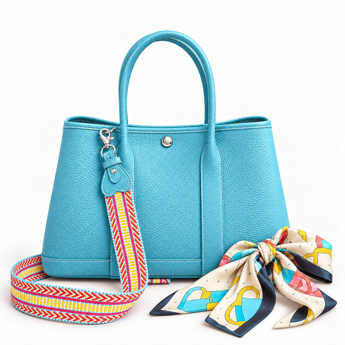 Weekday Tote Medium 30 cm open-top tote in sky blue with the included woven shoulder strap and twilly scarf