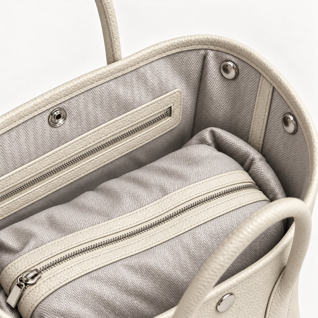 Weekday Tote Medium 30 cm open-top tote in white, interior view with canvas lining and zip pocket