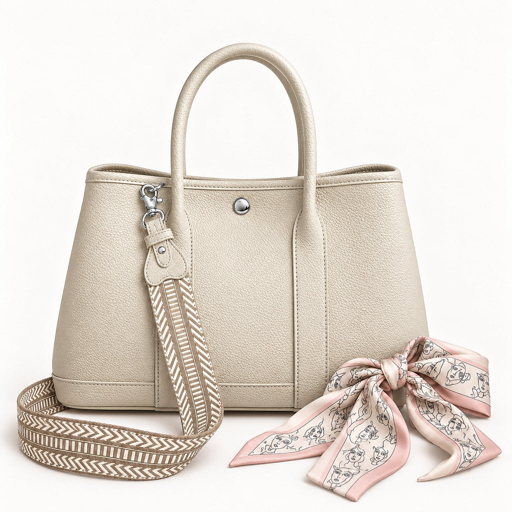 Weekday Tote Medium 30 cm open-top tote in white with the included woven shoulder strap and twilly scarf